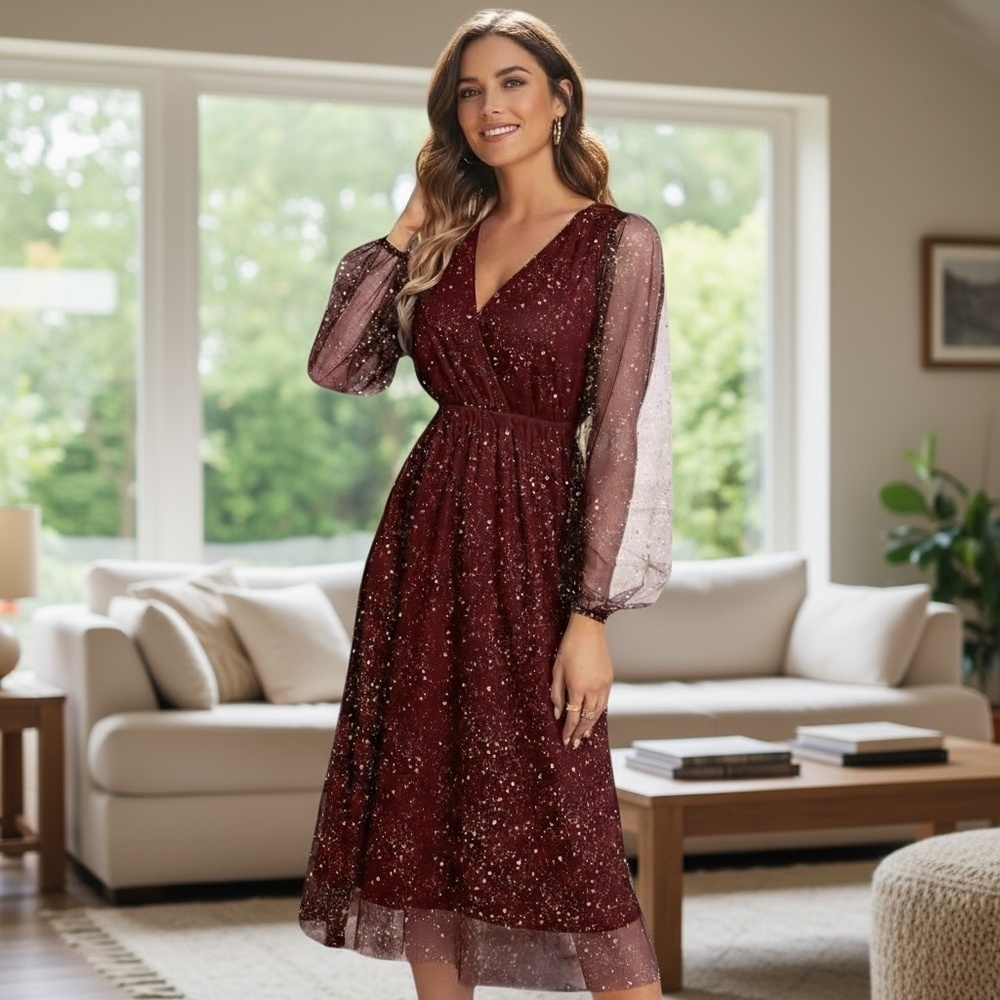 Women’s Shiny Mesh Lantern Sleeve Dress - Picture 8 of 13